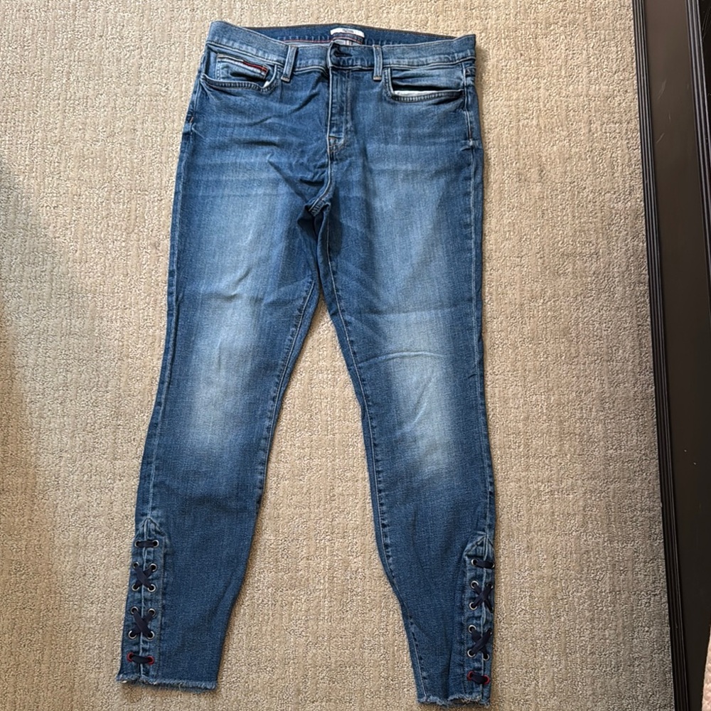 Blue Denim Jeans with Lace-Up Detail